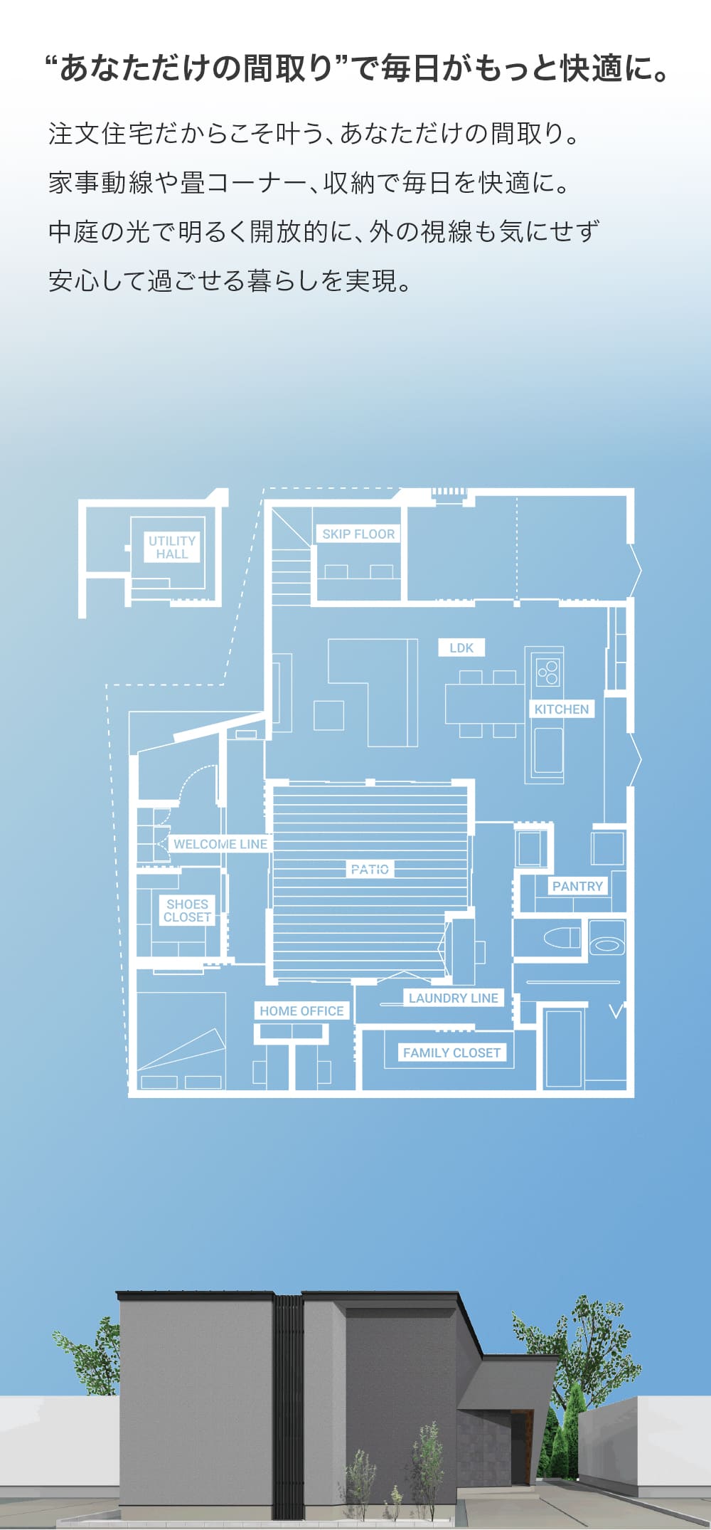 注文住宅で叶えるあなただけの間取り。楽々家事動線が生活をアシスト。家族が笑顔になる魔法の間取りを手に入れよう。